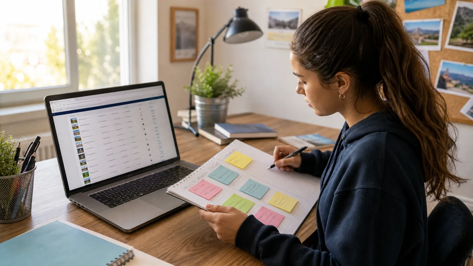 Student comparing a college ranking table with personal college-fit notes at a desk