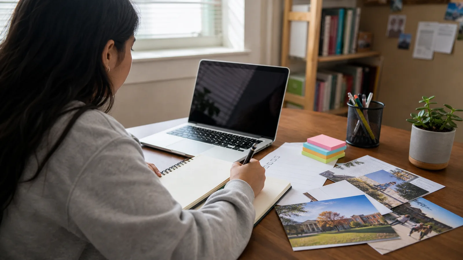 Student preparing college questions at a desk with a laptop, notebook, checklist, and campus materials