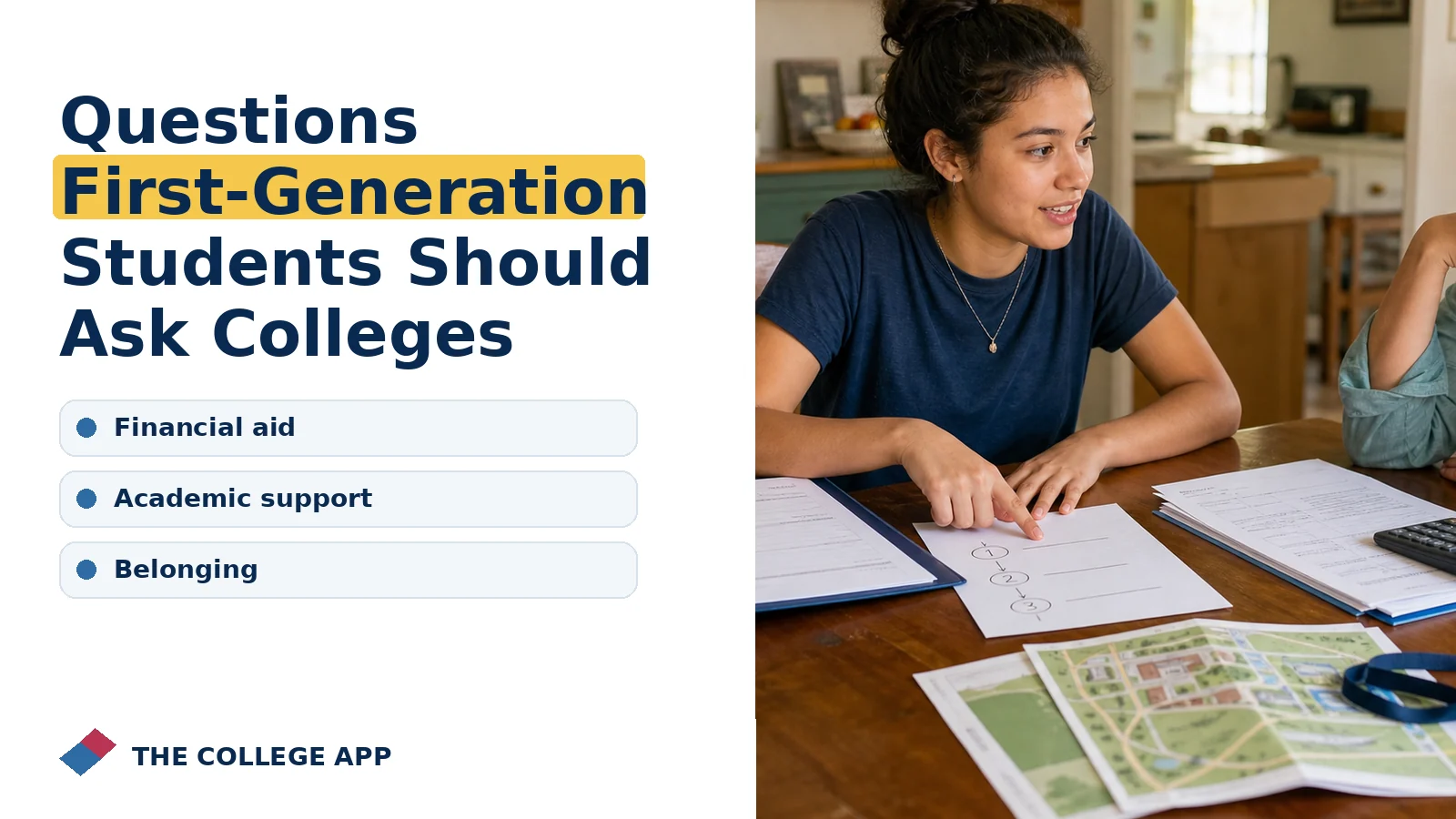 Student planning college admissions steps for questions first-generation students should ask colleges with guidance on financial aid, academic support, belonging.